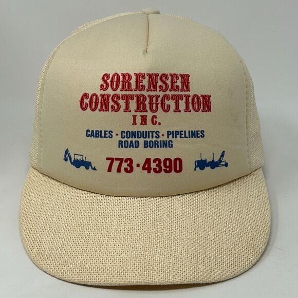 Vintage Sorensen Construction Inc Trucker Hat Baseball Cap Mesh Snapback Ivory - Picture 12 of 13
